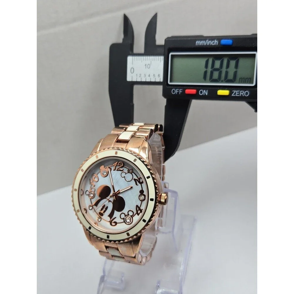 Womens Disney Mickey Mouse Quartz Rose Gold White Crystal Watch New Battery